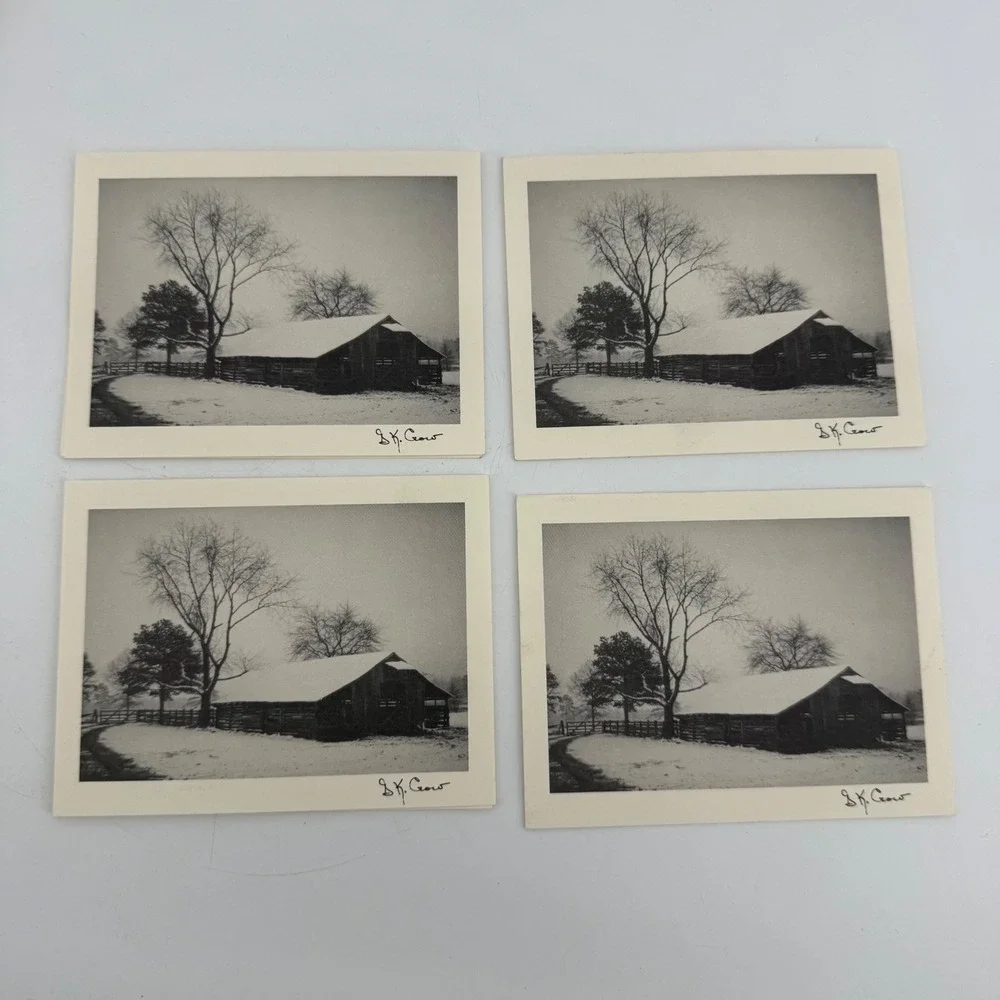 B.K. Crow Winter Landscape Blank Note Cards Set of 8 Rustic Barn‎ Farm Snow B&W